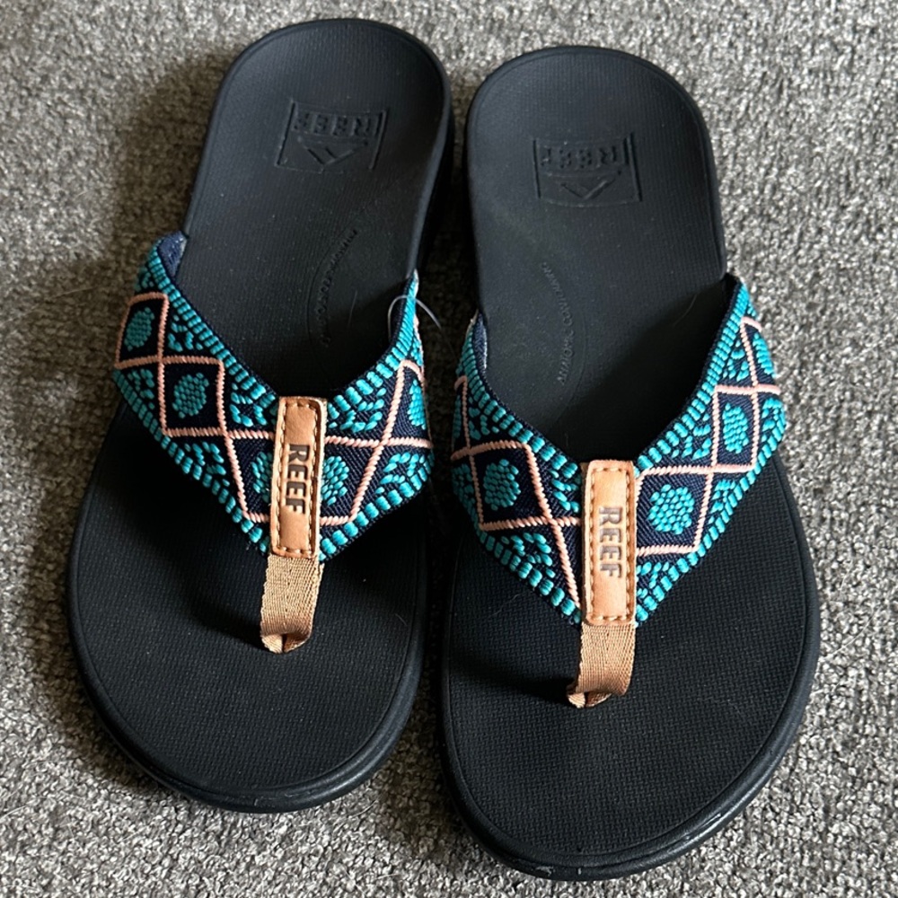 ***SOLD*** Reef Black Sandals with Blue and Tan Accents